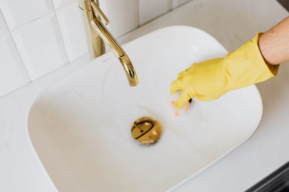 Close-up view of a hand washing an outdoor window with a squeegee while wearing yellow gloves.